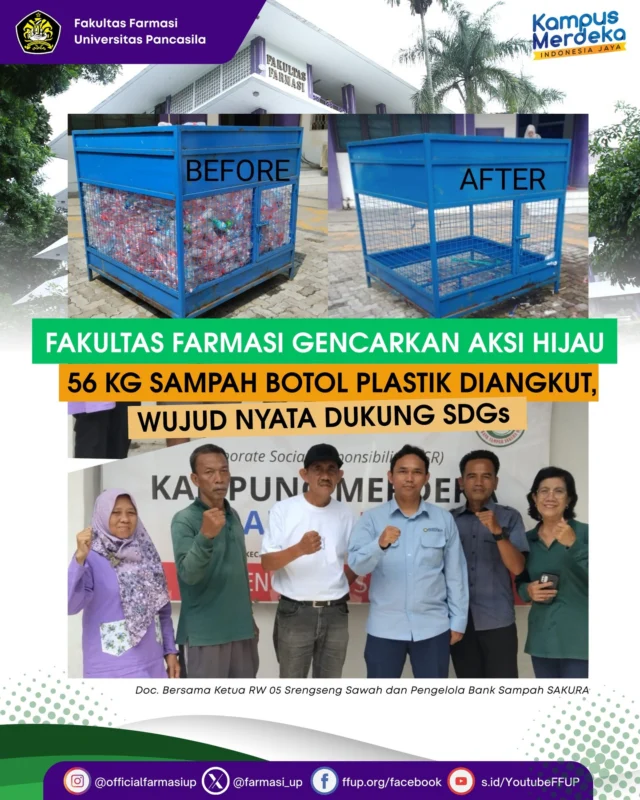 Rabu (16/4), Fakultas Farmasi Universitas Pancasila (FFUP) menunjukkan komitmennya terhadap pelestarian lingkungan melalui kegiatan pengangkutan dan pembongkaran sampah botol plastik bekerja sama dengan Bank Sampah Sakura RW 05 Srengseng Sawah. Kegiatan ini merupakan salah satu bentuk nyata dukungan FFUP terhadap Sustainable Development Goals (SDGs) melalui Green Matric Campus.

Mulai dari aktivitas pembongkaran 56 kilogram sampah botol plastik, penimbangan hingga keterlibatan Ketua RW 05 Srengseng Sawah dan para pengelola Bank Sampah Sakura, semua dilakukan dengan semangat kolaborasi untuk menciptakan lingkungan yang lebih bersih dan berkelanjutan. Tidak hanya sekadar pengumpulan sampah, kegiatan ini juga menjadi ajang edukasi masyarakat mengenai potensi besar dari sampah yang didaur ulang. Beberapa produk inovatif yang berhasil dihasilkan dari proses daur ulang antara lain:

- Lampu dan wadah dari kertas bekas
- Sabun ramah lingkungan dari minyak jelantah
- Tas kreatif dari botol plastik bekas

Melalui aksi ini, Fakultas Farmasi bukan hanya menyuarakan kepedulian terhadap lingkungan, tetapi juga mendorong peran aktif masyarakat dalam ekonomi sirkular. Inisiatif ini diharapkan dapat menjadi contoh bagi institusi lain untuk terus mendukung gerakan hijau dan berkelanjutan.
Terimakasih kepada civitas akademika Fakultas Farmasi yang telah berpartisipasi dalam kegiatan mendukung SDGs. 🔥