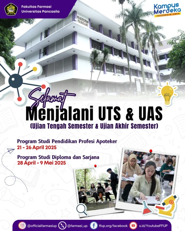 Selamat Menempuh Ujian Tengah Semester, Mahasiswa Fakultas Farmasi Universitas Pancasila!

Semoga dilancarkan semua ujiannya.
Semoga kamu pulang dari ruang ujian dengan hati lega.
Dan semoga, kamu tetap bangga sama diri sendiri—apa pun hasilnya nanti.

Semangat ya!