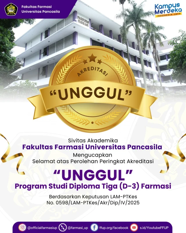 Dengan penuh rasa syukur, kami informasikan bahwa Program Studi Diploma Tiga Farmasi Universitas Pancasila telah berhasil meraih predikat UNGGUL berdasarkan hasil reakreditasi terbaru.

Capaian ini merupakan buah dari kerja keras, kolaborasi, dan komitmen seluruh sivitas akademika Universitas Pancasila, khususnya Bapak/Ibu Dosen dan Tenaga Kependidikan di lingkungan Fakultas Farmasi yang senantiasa mendukung upaya peningkatan mutu pendidikan.

Kami menyampaikan ucapan terima kasih dan apresiasi yang setinggi-tingginya atas dedikasi dan kontribusi luar biasa yang telah diberikan. Semoga pencapaian ini menjadi penyemangat bagi kita semua untuk terus menjaga kualitas dan memberikan yang terbaik bagi kemajuan institusi tercinta.

Salam hormat, 
Pimpinan FFUP

#AkreditasiUnggulD3 #DiplomaFarmasiPancasila #DiplomaTigaFarmasi #FFUP