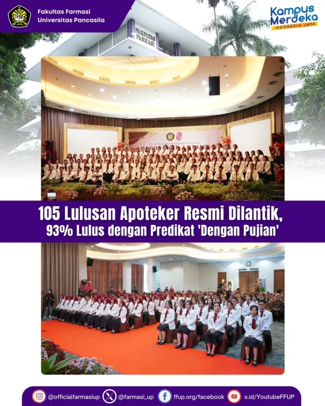 Rabu (7/5) menjadi momen istimewa yang dipenuhi haru dan kebanggaan bagi 105 lulusan Apoteker Angkatan ke-73 Fakultas Farmasi Universitas Pancasila (FFUP). Bertempat di Hall Pesona Square, mereka resmi dilantik dalam sebuah prosesi khidmat yang menandai dimulainya perjalanan profesional sebagai tenaga kefarmasian yang siap mengabdi untuk negeri.

Prestasi membanggakan diraih oleh apt. Dyah Ayu Putri Pitaloka, S.Farm., yang meraih predikat Lulusan Terbaik dengan IPK sempurna 4.00 dan nilai komprehensif A. Atas pencapaian luar biasa tersebut, ia menerima penghargaan Dexa Award sebagai bentuk apresiasi dari PT Dexa Medica, yang pada kesempatan ini diwakili oleh Mateus Ramidi, SE., selaku Manager Dharma Dexa.

Dalam kegiatan pelantikan ini, turut dilakukan Penandatanganan Surat Sumpah dan Janji Apoteker, serta Penyerahan Apoteker Baru kepada Pengurus Daerah Ikatan Apoteker Indonesia (PD IAI) sebagai simbol kesiapan lulusan untuk terjun ke dunia profesi secara resmi.

Sambutan dari PLT Rektor Universitas Pancasila, Prof. Dr. Adnan Hamid, S.H., M.H., M.M., turut menambah makna pada momen sakral ini. Dalam pesannya, Beliau menyampaikan rasa optimis terhadap kesiapan lulusan apoteker angkatan ke-73. “Potensi dan kompetensi itu penting, namun lebih dari itu, etika dan martabat profesi harus terus dijaga,” tegasnya.

Dekan FFUP, Prof. Dr. apt. Syamsudin, M.Biomed., juga menyampaikan harapan agar para lulusan dapat menjadi apoteker yang unggul, berdedikasi tinggi, dan mampu memberikan kontribusi besar dalam pelayanan kefarmasian serta kesehatan masyarakat Indonesia. Sementara itu, sambutan mewakili para apoteker baru disampaikan dengan penuh semangat oleh apt. Naufal Rizky Ritonga, S.Farm., yang mewakili teman-temannya dalam mengungkapkan rasa syukur serta komitmen untuk menjalankan profesi dengan sepenuh hati dan integritas tinggi.