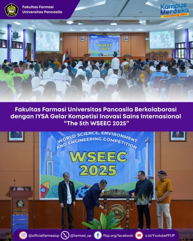 Senin (19/5) Fakultas Farmasi Universitas Pancasila (FFUP) bekerja sama dengan Indonesian Young Scientist Association (IYSA), resmi menyelenggarakan ajang bergengsi tingkat internasional bertajuk The 5th World Science, Environment and Engineering Competition (WSEEC) 2025. Kompetisi inovasi sains ini berlangsung mulai 14 hingga 22 Mei 2025 dengan serangkaian kegiatan penjurian online maupun offline, dengan lokasi utama kegiatan offline di Aula Lantai 4, Gedung Fakultas Farmasi Universitas Pancasila, Jakarta.

Pada tahun ini, kompetisi ini berhasil menarik partisipasi 370 tim dari 14 negara, yang terdiri dari 88 tim peserta offline dan 282 tim peserta online. Beberapa negara peserta antara lain Indonesia, Turkmenistan, Bangladesh, Malaysia, Thailand, Korea Selatan, Singapura, Vietnam, Kazakhstan, Turki, Romania, Hong Kong, Amerika Serikat, dan Austria.

#wseec5th #wsee2025 #ffupdate