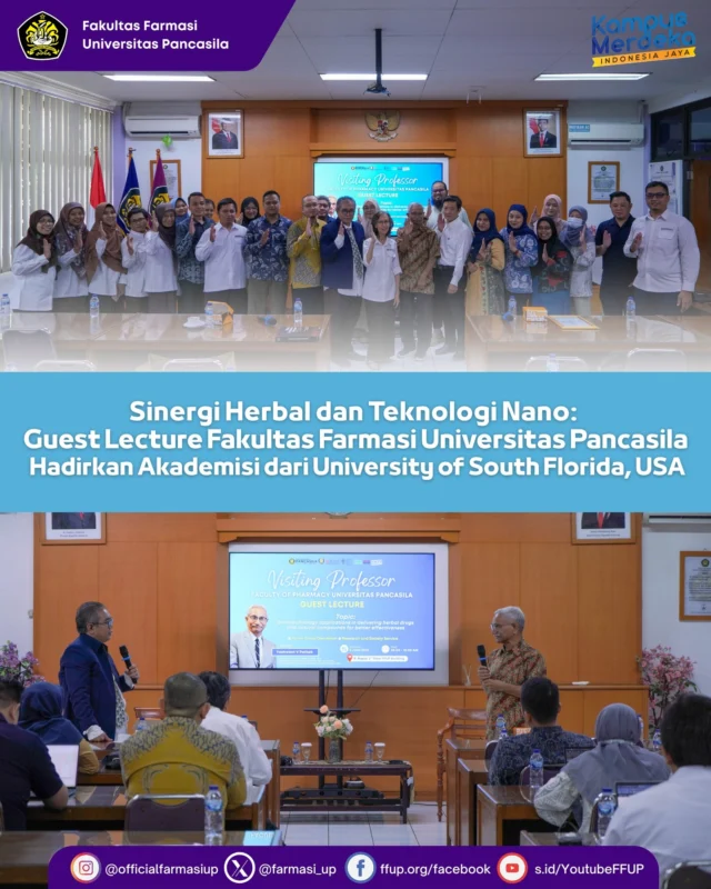 Senin (2/6), Fakultas Farmasi Universitas Pancasila kembali menyelenggarakan International Guest Lecture sebagai bagian dari komitmen berkelanjutan dalam memberikan pendidikan farmasi yang unggul dan bertaraf internasional. Kegiatan yang bertempat di ruang rapat lantai 2 Fakultas Farmasi mengangkat tema yang sangat relevan dan visioner dalam dunia farmasi modern, yakni “Nanotechnology Applications in Delivering Herbal Drugs and Natural Compounds for Better Effectiveness.” Topik ini menjadi sorotan penting dalam pengembangan formulasi obat herbal masa depan, terutama dalam meningkatkan efektivitas dan bioavailabilitas melalui pendekatan nanoteknologi.

Hadir sebagai narasumber utama, Prof. Yashwant V. Pathak, M.Pharm, Executive MBA, MSCM, Ph.D., seorang Professor and Associate Dean for Faculty Affairs, College of Pharmacy, University of South Florida, USA. Dalam sesi kuliahnya, Prof. Pathak membagikan wawasan mendalam seputar pemanfaatan teknologi nano dalam pengantaran obat herbal dan senyawa alami secara lebih efisien dan tertarget.

Acara ini dihadiri oleh sejumlah dosen Fakultas Farmasi Universitas Pancasila serta mahasiswa Pascasarjana (S2 dan S3) Farmasi, yang turut aktif dalam sesi diskusi dan tanya jawab.

Tak hanya menghadirkan Guest Lecture, kegiatan ini juga merupakan bagian dari rangkaian program FFUP, mencakup Forum Group Discussion (FGD) dosen dan mahasiswa FFUP serta pelaksanaan Pengabdian kepada Masyarakat dan Research and Society Service yang diselenggarakan Program Studi Doktor Ilmu Farmasi dengan PT Herba Salam, Bekasi. Melalui kegiatan PKM tersebut, Prodi Doktor Ilmu Farmasi bersama PT Herba Salam mengeksplorasi potensi kerja sama riset dan pengembangan produk berbasis herbal dengan pendekatan teknologi mutakhir, khususnya nanoteknologi.
