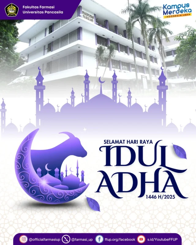 Segenap pimpinan dan civitas akademika Fakultas Farmasi Universitas Pancasila mengucapkan Selamat Hari Raya Idul Adha 1446 H. Selamat merayakan Idul Adha bersama keluarga dan orang-orang tercinta. Semoga semangat berkurban menjadikan kita insan yang lebih peduli, lebih sabar, dan lebih ikhlas dalam menjalani setiap proses kehidupan.

#IdulAdha1446H #SelamatIdulAdha #HariRayaKurban #SemangatBerkurban #MaknaPengorbanan