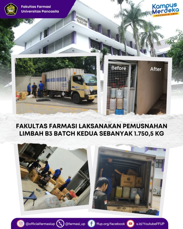 Fakultas Farmasi Universitas Pancasila kembali melaksanakan kegiatan pemusnahan limbah bahan berbahaya dan beracun (B3) untuk Batch ke-2 pada Kamis (3/7). Kegiatan ini merupakan bagian dari komitmen institusi terhadap pengelolaan limbah laboratorium yang aman, bertanggung jawab, dan berwawasan lingkungan.

Pada Batch ke-2 ini, total limbah yang dimusnahkan mencapai 1.750,5 kilogram, terdiri dari:

- Limbah B3 cair/padat (kode A106d) sebesar 1.276,45 kg
- Kemasan bekas limbah B3 (kode B104d) sebesar 446,6 kg
- Limbah klinis infeksius (kode A337-1) sebanyak 27,45 kg

Sebelumnya, pada Batch ke-1, pemusnahan limbah B3 juga telah dilaksanakan dengan total 1.742 kg.

Pelaksanaan pemusnahan limbah ini menggandeng PT Media Biomedik Indonesia, perusahaan mitra yang telah memiliki izin resmi dalam pengangkutan dan pemusnahan limbah B3. Seluruh proses dilakukan sesuai dengan peraturan perundang-undangan yang berlaku di bidang lingkungan hidup, serta standar keamanan dan kesehatan kerja.

Kegiatan ini juga merupakan wujud nyata dari kontribusi Fakultas Farmasi dalam mendukung Tujuan Pembangunan Berkelanjutan (Sustainable Development Goals/SDGs), khususnya:

SDGs Nomor 12: Konsumsi dan Produksi yang Bertanggung Jawab
SDGs Nomor 3: Kehidupan Sehat dan Kesejahteraan. 

Melalui langkah ini, Fakultas Farmasi Universitas Pancasila menunjukkan kepedulian terhadap pengelolaan limbah laboratorium secara profesional serta menciptakan lingkungan kampus yang lebih sehat, aman, dan berkelanjutan.