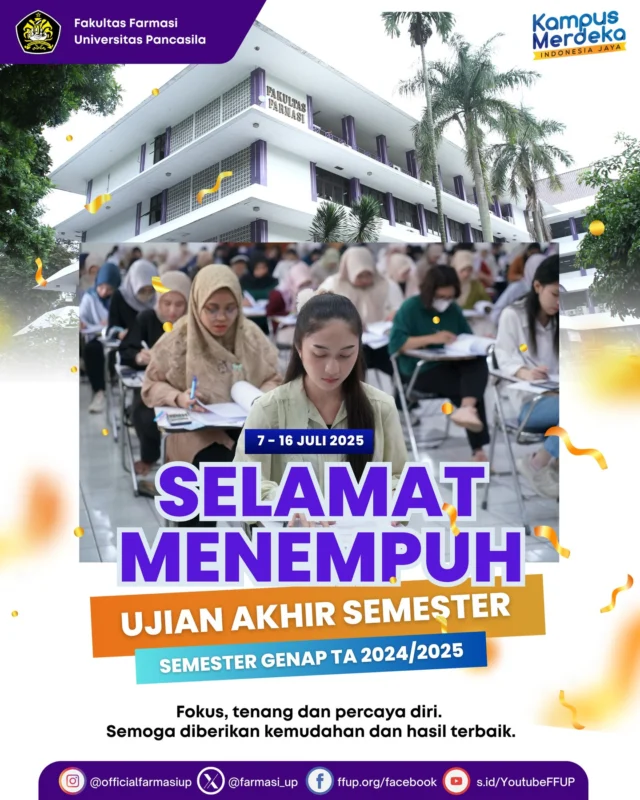 Segenap pimpinan dan civitas akademika Fakultas Farmasi Universitas Pancasila mengucapkan Selamat menempuh UAS Semester Genap Tahun Akademik 2024/2025. Selamat berjuang, semoga diberikan hasil terbaik 🔥