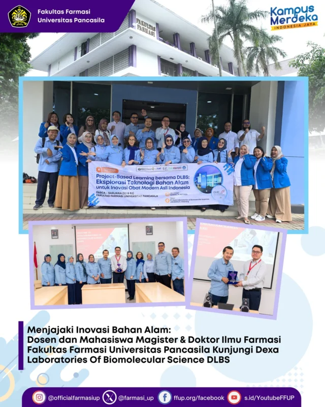 Selasa (8/7) Dosen serta mahasiswa program studi S2 dan S3 Fakultas Farmasi Universitas Pancasila (FFUP) mengadakan kunjungan akademik ke Dexa Laboratories Biomolecular Sciences (DLBS). Kunjungan ini sebagai bagian dari implementasi program Project-Based Learning untuk mahasiswa jenjang Magister dan Doktor. Kegiatan ini bertujuan untuk memperkaya wawasan mahasiswa terkait riset dan inovasi berbasis teknologi bahan alam, khususnya dalam pengembangan produk fitofarmaka yang berlandaskan bukti ilmiah (evidence-based).

Kunjungan ini dipimpin oleh Dr. apt. Andri Prasetiyo, M.Farm., selaku Ketua Program Studi Magister Farmasi FFUP. Melalui kegiatan ini, mahasiswa berkesempatan untuk berdialog langsung dengan para peneliti di DLBS, guna memperoleh pemahaman mendalam mengenai proses penelitian industri, merancang analisis strategis, serta menggagas ide-ide inovatif yang aplikatif. Selain itu, kegiatan ini turut memperkuat kolaborasi antara dunia akademik dan industri dalam rangka mendukung kemandirian sektor farmasi nasional. Sebagai bentuk apresiasi dan kenang-kenangan, FFUP menyerahkan plakat yang diserahkan secara simbolis kepada Laurentius Haryanto selaku Group Research, Innovation, and Invention Manager DLBS.

FFUP menyampaikan apresiasi yang sebesar-besarnya kepada DLBS atas sambutan hangat dan kerja sama yang terjalin. Semoga sinergi ini terus berkembang dan memberikan kontribusi signifikan bagi kemajuan ilmu pengetahuan dan peningkatan kualitas kesehatan masyarakat.