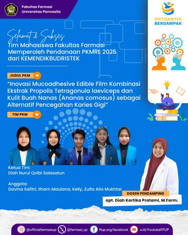 Direktorat Pembelajaran dan Kemahasiswaan (Belmawa) Kementerian Pendidikan, Kebudayaan, Riset, dan Teknologi Kemendikbudristek) melalui sistem informasi SIMBELMAWA secara resmi mengumumkan daftar penerima hibah pendanaan Program Kreativitas Mahasiswa (PKM) tahun 2025. Dari total 1.590 proposal yang diseleksi secara nasional, Universitas Pancasila berhasil meloloskan lima tim, dengan dua tim di antaranya berasal dari Fakultas Farmasi.

Fakultas Farmasi Universitas Pancasila (FFUP) mencatatkan prestasi membanggakan dengan dua tim mahasiswa yang berhasil meraih pendanaan dalam skema PKM Riset Eksakta (PKMRE). Adapun judul dan tim yang lolos pendanaan tersebut adalah sebagai berikut:

1. Inovasi Mucoadhesive Edible Film Kombinasi Ekstrak Propolis Tetragonula laeviceps dan Kulit Buah Nanas (Ananas comosus) sebagai Alternatif Pencegahan Karies Gigi
Ketua Tim: Diah Nurul Qolbi Salasatun (NPM 2022210236)
Anggota: Davina Safitri (2022210249), Ilham Maulana (2023210002), Kelly (2022210250), Zulfa Alia Mukhtar (2022210248)
Dosen Pendamping: apt. Diah Kartika Pratami, M.Farm
2. Potensi Ekstrak Biji Kopi Robusta (Coffea canephora) dalam Penyembuhan Luka Sayat Secara In Vivo pada Tikus Putih Galur Sprague Dawley
Ketua Tim: Dita Fitriana (NPM 2021210071)
Anggota: Aiy Diah Ayu Pengasih, Dwi Yuli Handayani, Tasya Alfina Lestari, Annisa Maulidina
Dosen Pendamping: Dr. apt. Yati Sumiyati, M.Kes.

Pencapaian ini menjadi bukti nyata komitmen Fakultas Farmasi dalam mendorong budaya riset dan kreativitas mahasiswa. Selain menjadi kebanggaan institusi, keberhasilan ini diharapkan dapat memotivasi mahasiswa lain untuk aktif berpartisipasi dalam kegiatan penelitian dan inovasi di tingkat nasional.